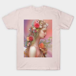 Pretty pastel colored art deco design of a flower goddess girl T-Shirt